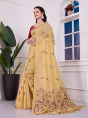 Shailja Mellow Yellow Muga Cotton Jamdani Saree With Contrast Blouse